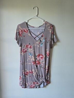 Boutique Floral Crisscross V-Neck Tunic Top - Pink Floral